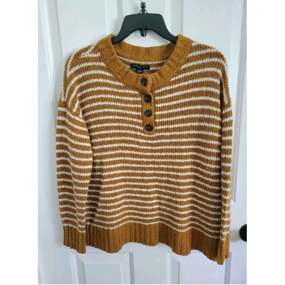 American Eagle Women Rust Brown Striped Button Knit Sweater Size Small